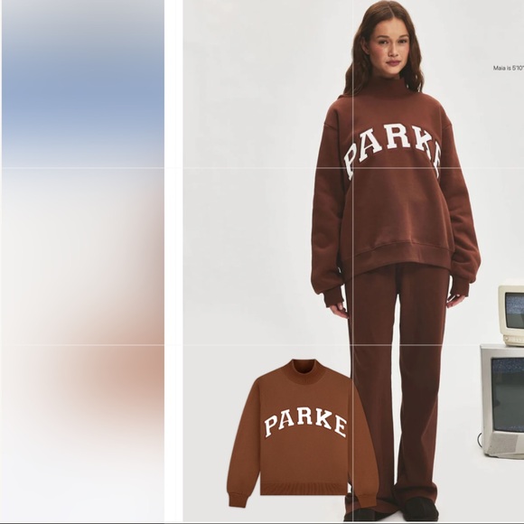 NWT Parke Fleece Varsity Turtleneck Sweatshirt in Mocha + White L/XL - Picture 1 of 9